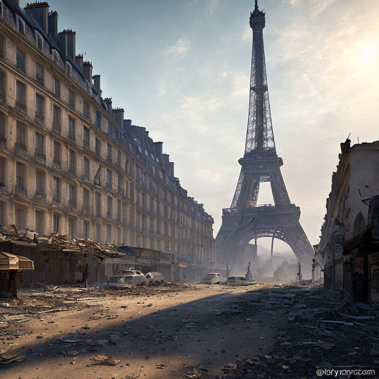 Deserted Paris Street with Debris and Abandoned Cars