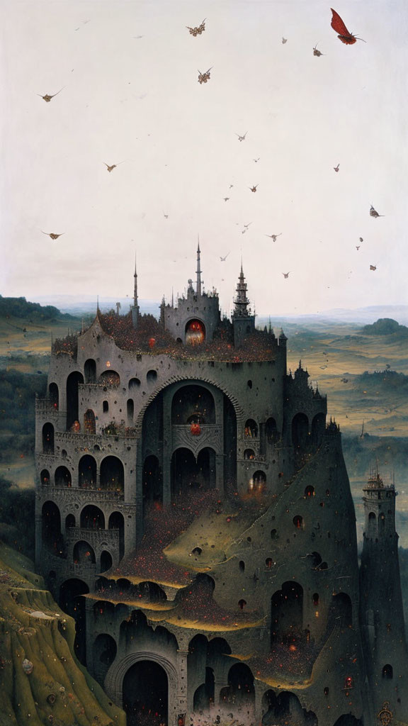 Gothic castle in rocky landscape with birds and leafless trees