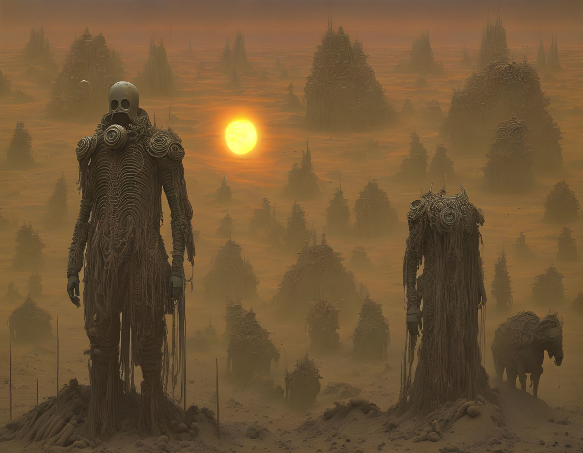 Robotic figures, horse-like creature, and futuristic towers in eerie sci-fi sunset