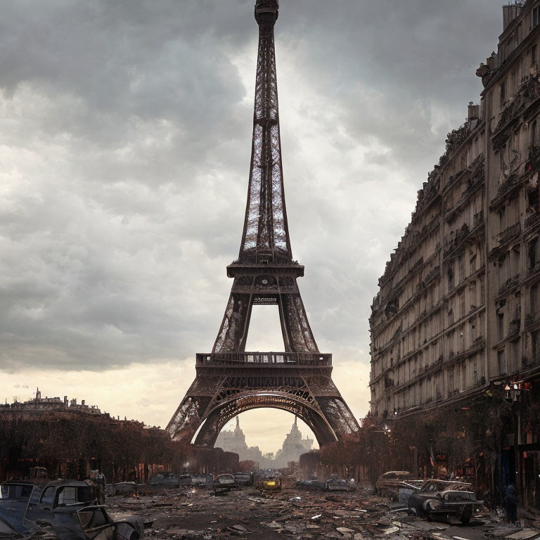 Dystopian Eiffel Tower in post-apocalyptic Paris