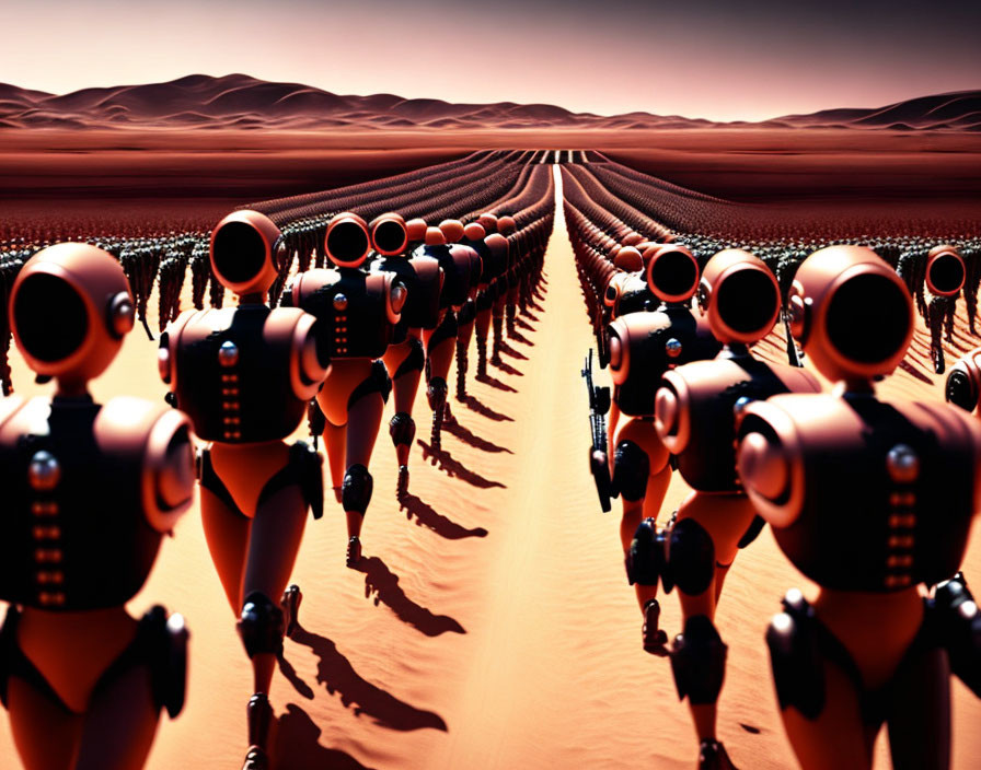 Humanoid robots in red desert landscape with sand dunes horizon