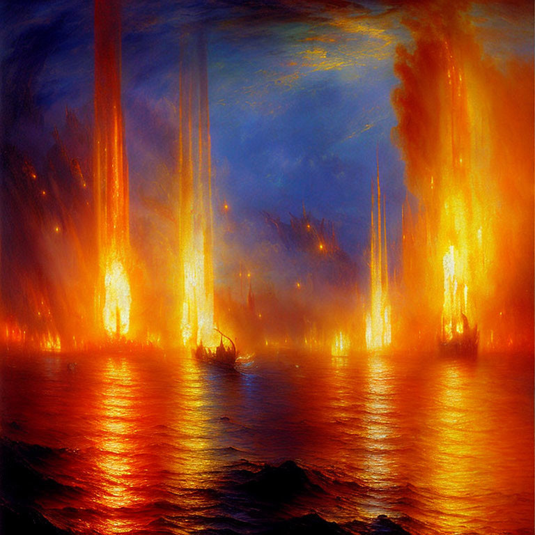 Dramatic Nocturnal Seascape with Vibrant Flames