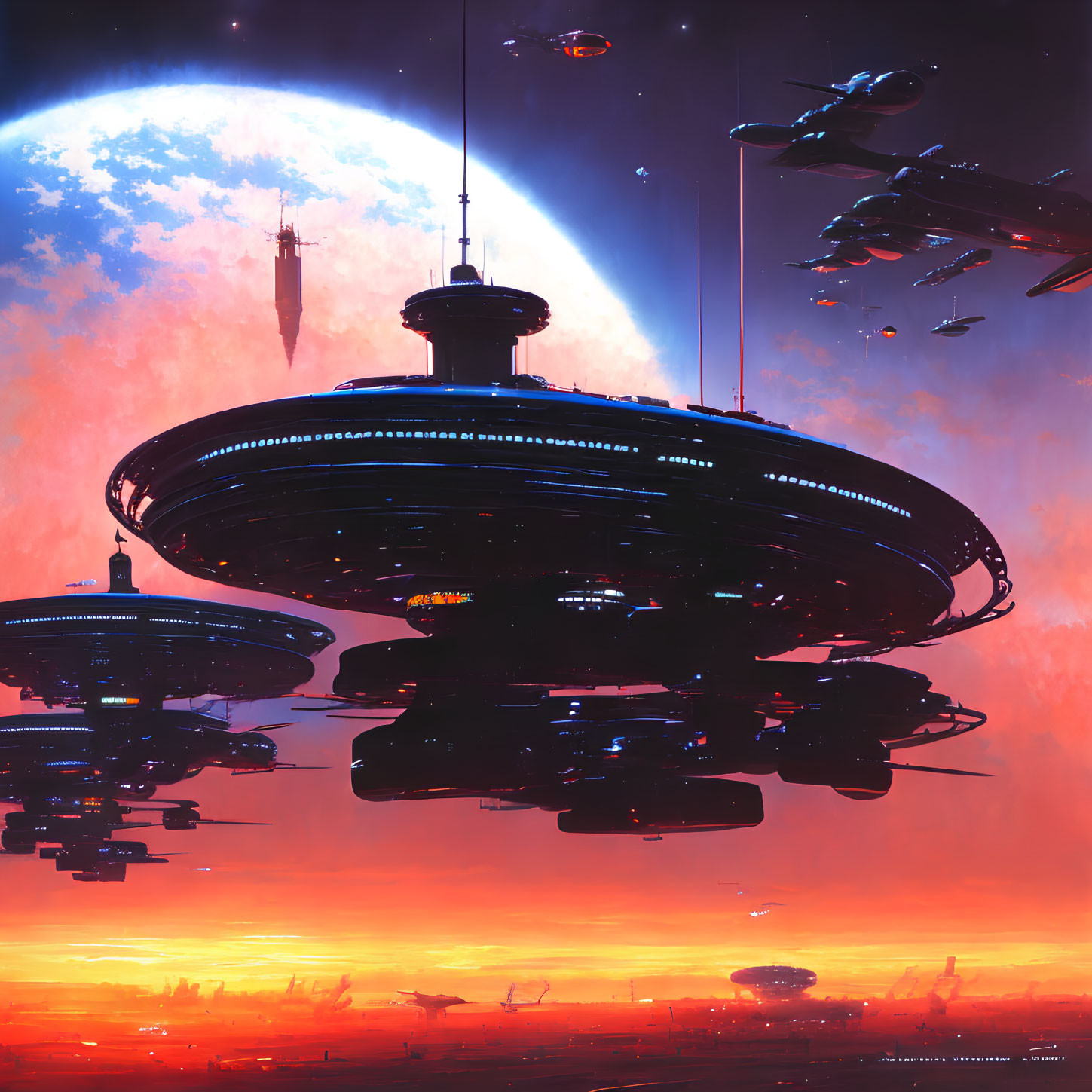 Futuristic cityscape with towering structures and spaceships under an orange sky