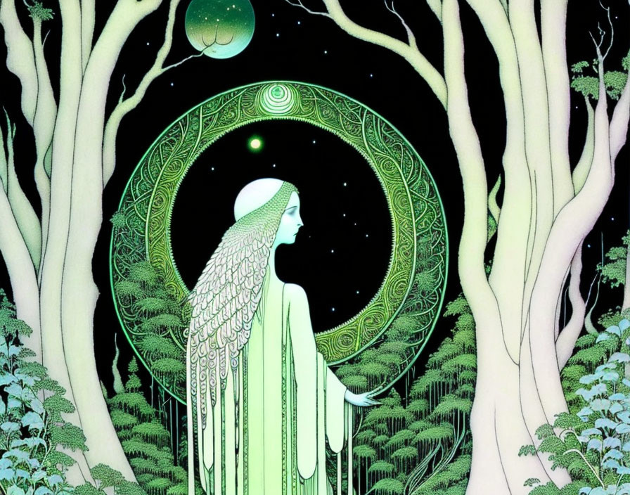 Winged figure in green robe gazes at starry sky in forest scene