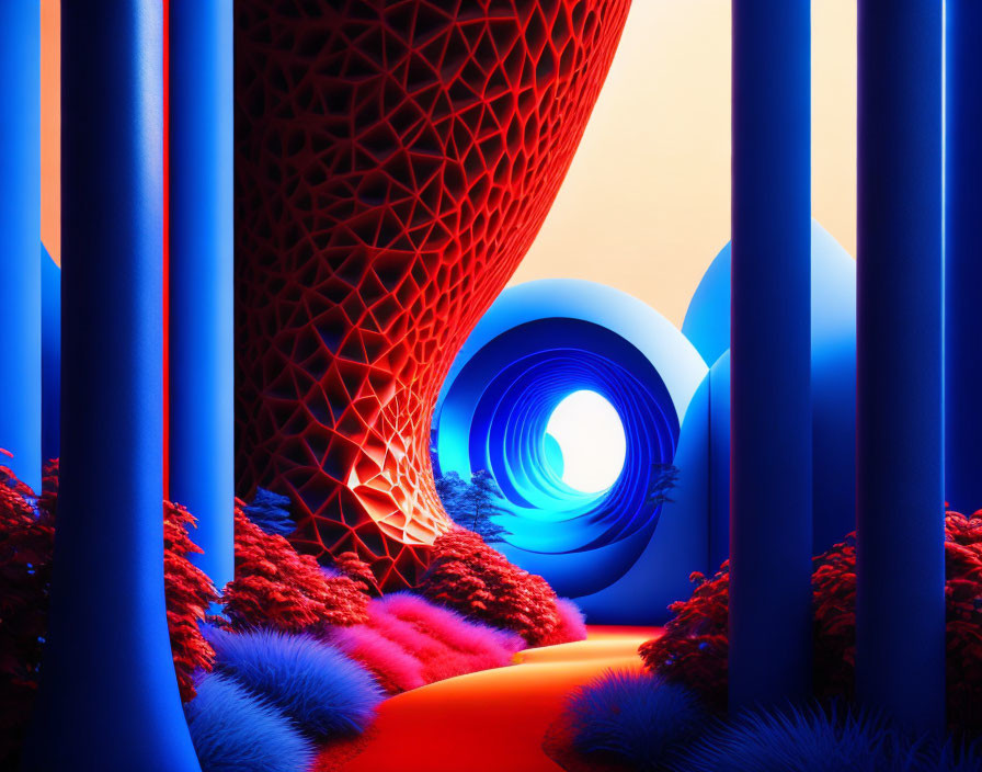 Colorful Digital Art: Red lattice tunnel, circular portal, blue trees, and textured red foliage