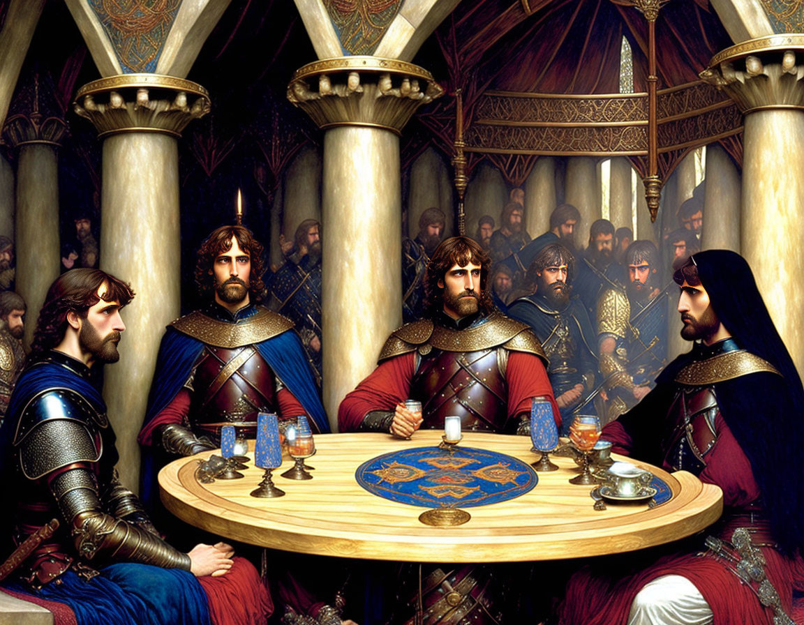 Armored medieval men at round table in grand hall with onlookers