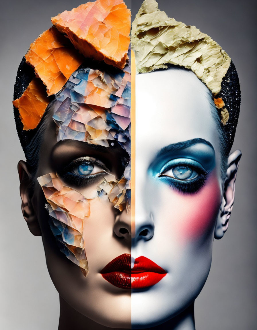 Colorful collage meets bold makeup in split-face portrait