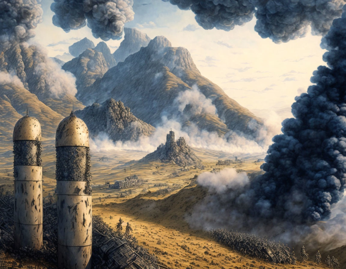 Two large missiles in fiery battlefield with smoke-filled skies and mountains