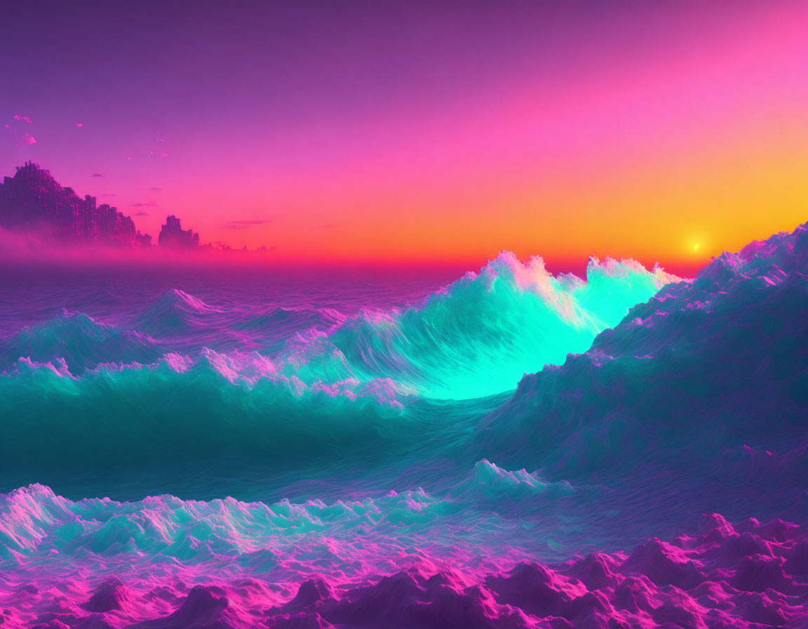 Colorful Sunset Over Turquoise Waves and Cityscapes