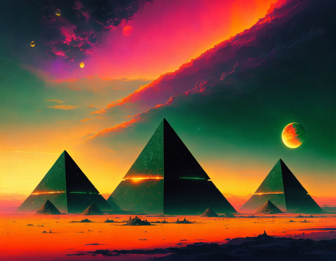 Futuristic pyramids in alien landscape under vivid sunset with multiple moons