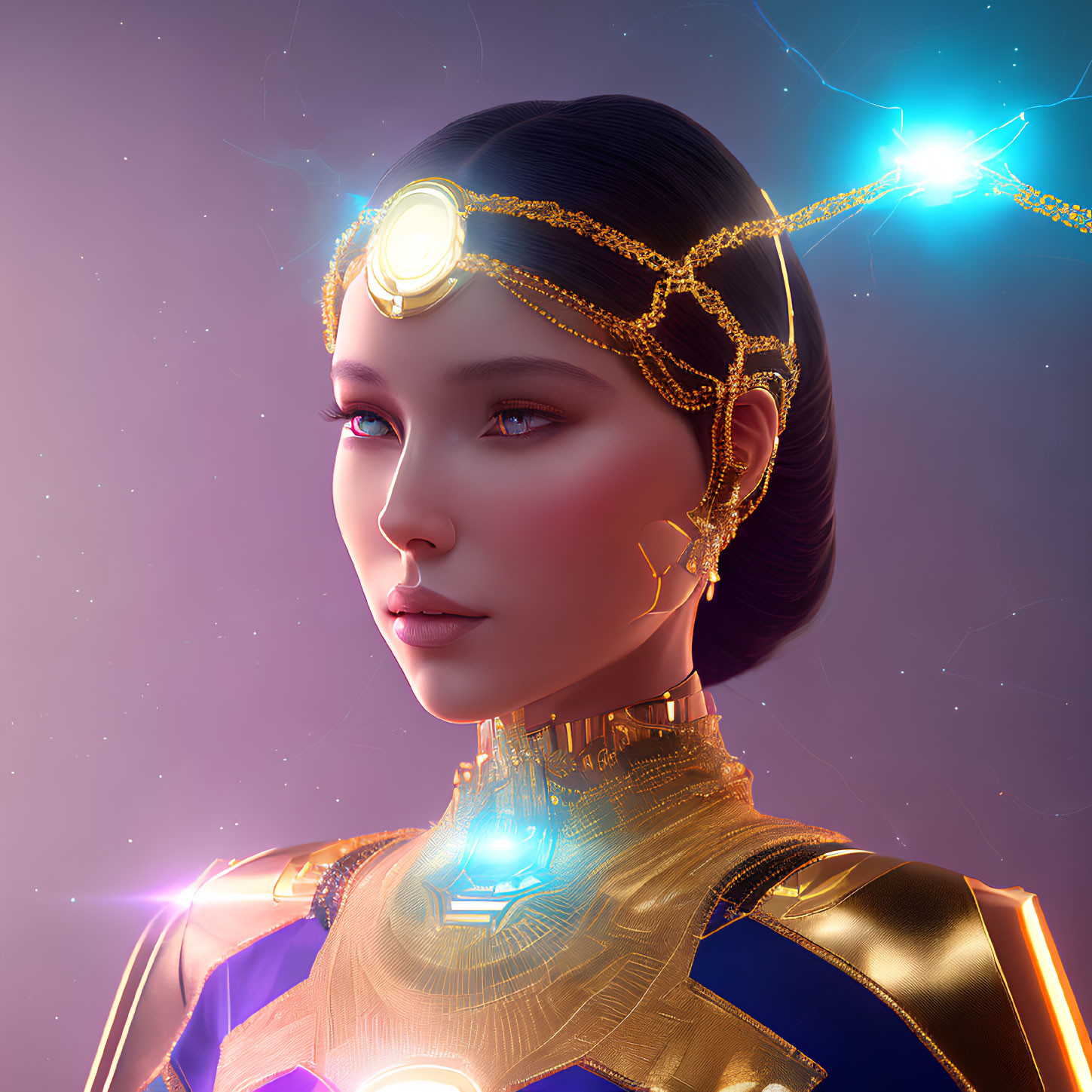 Futuristic digital artwork of a woman in golden armor on purple background