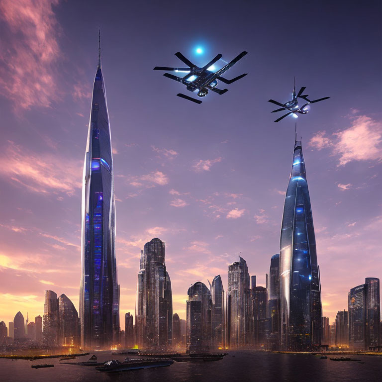 Futuristic city skyline with skyscrapers and drones at dusk