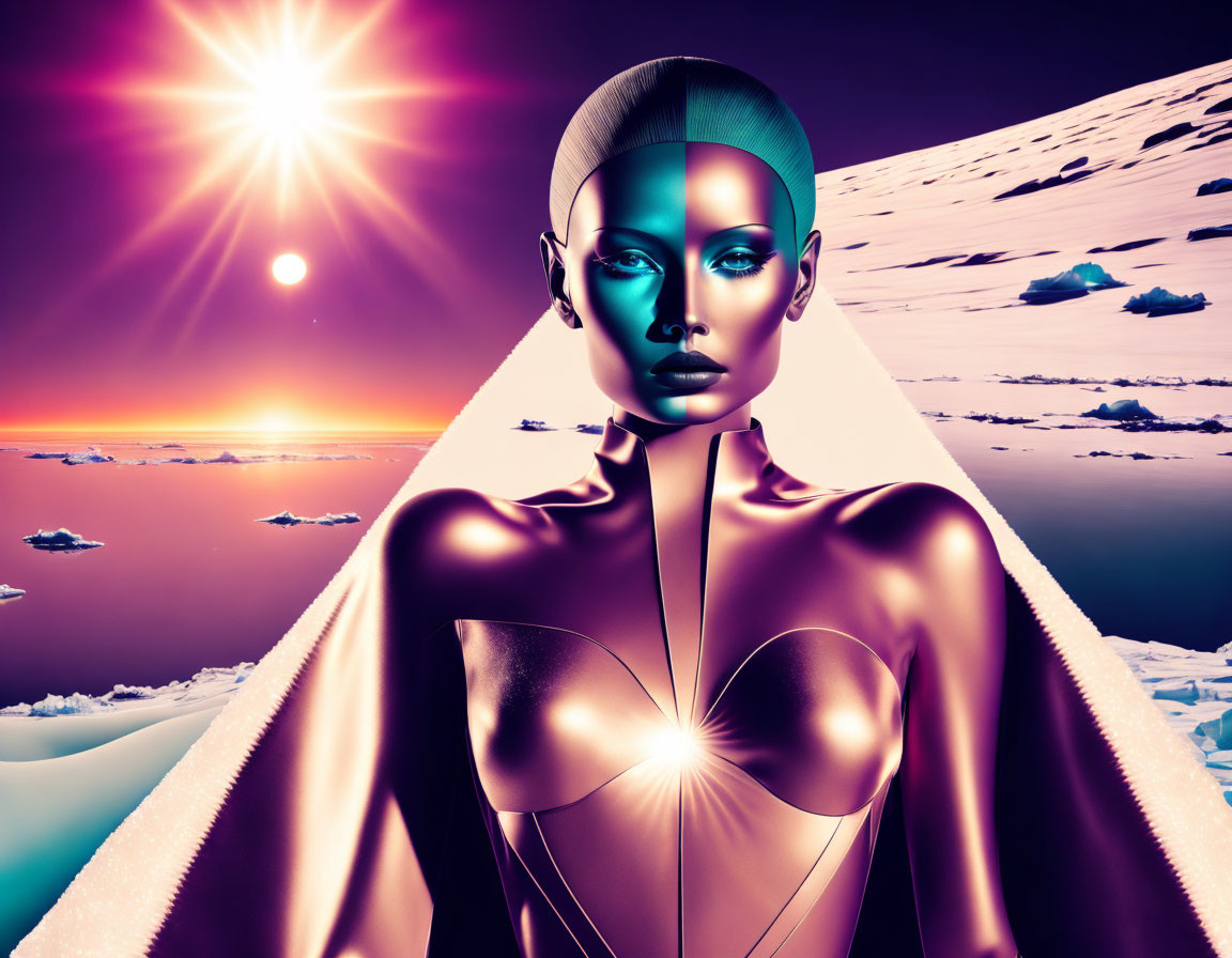 Golden female figure in futuristic setting with arctic backdrop.