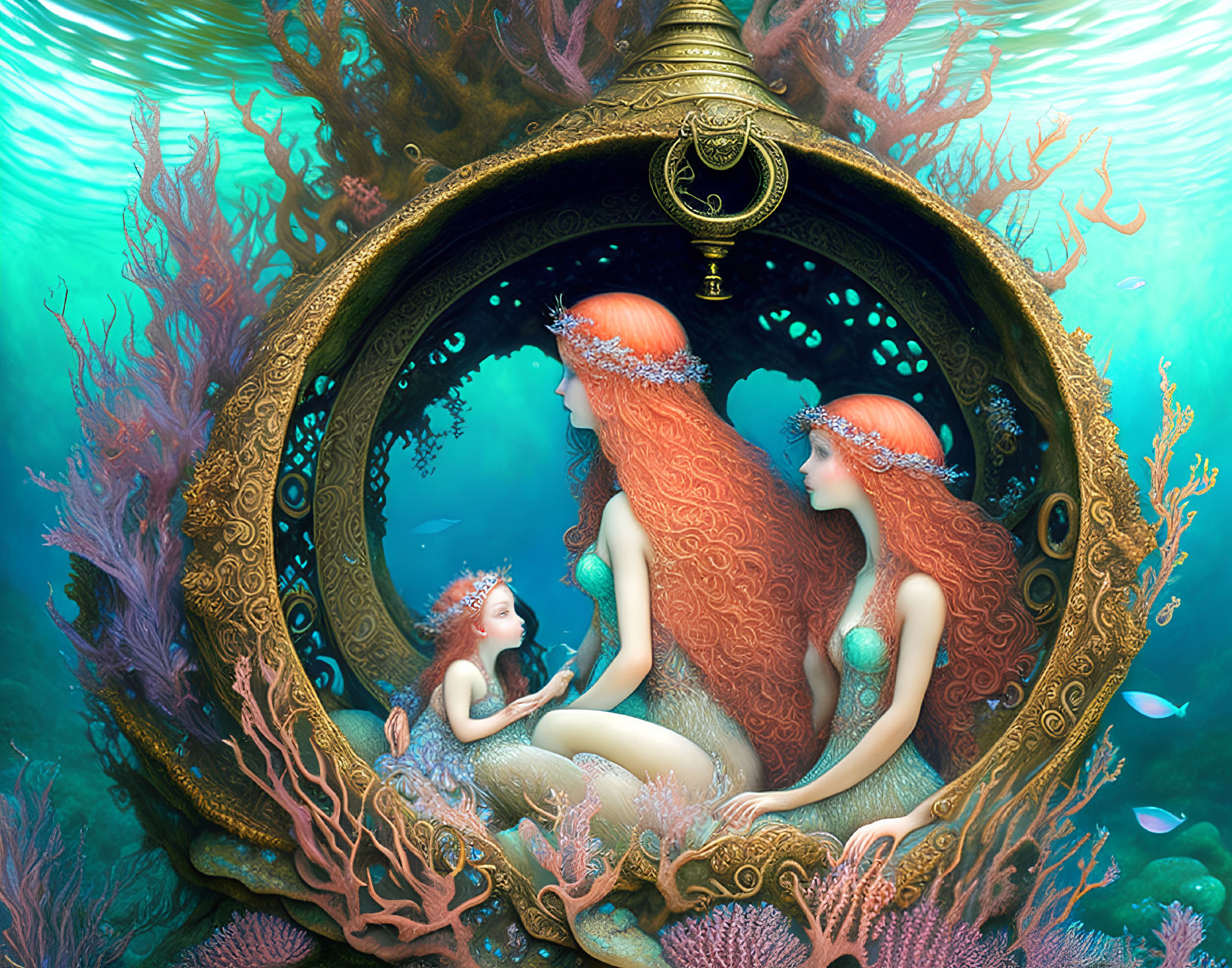 Three Red-Haired Mermaids in Circular Underwater Scene with Coral and Sea Flora