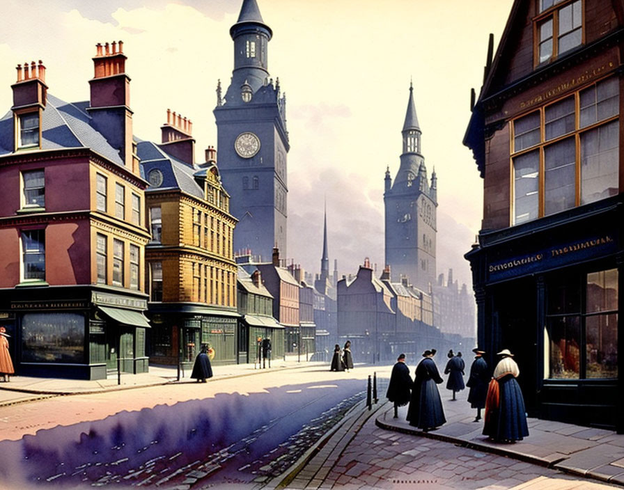 Detailed vintage-style illustration of bustling street corner with pedestrians, classic architecture, and clock towers.