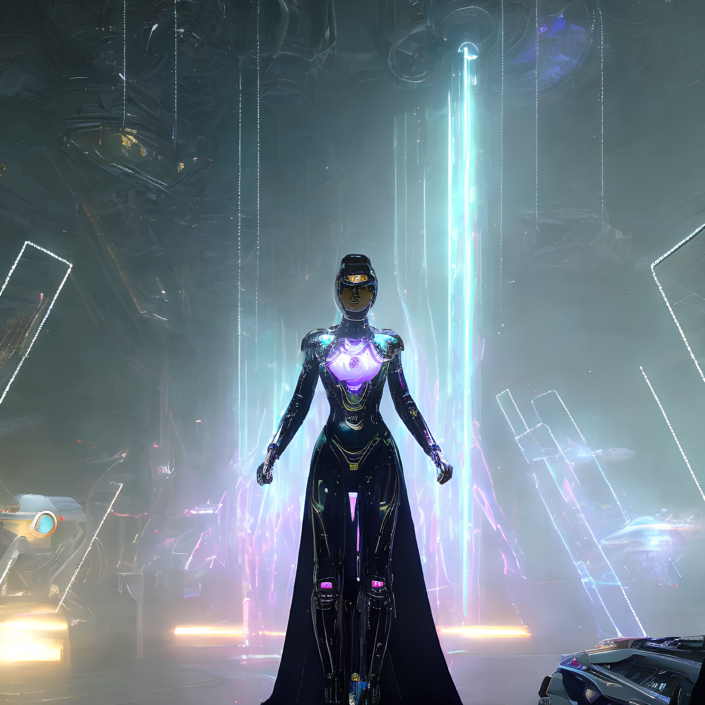 Futuristic female figure in black suit with glowing blue accents amid neon lights