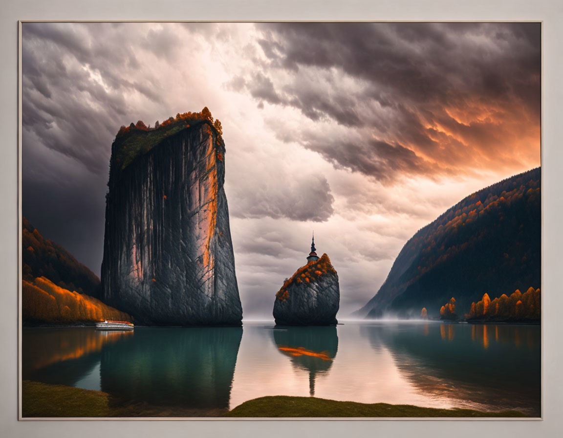 Tranquil lake with steep cliffs and traditional structure under orange sky