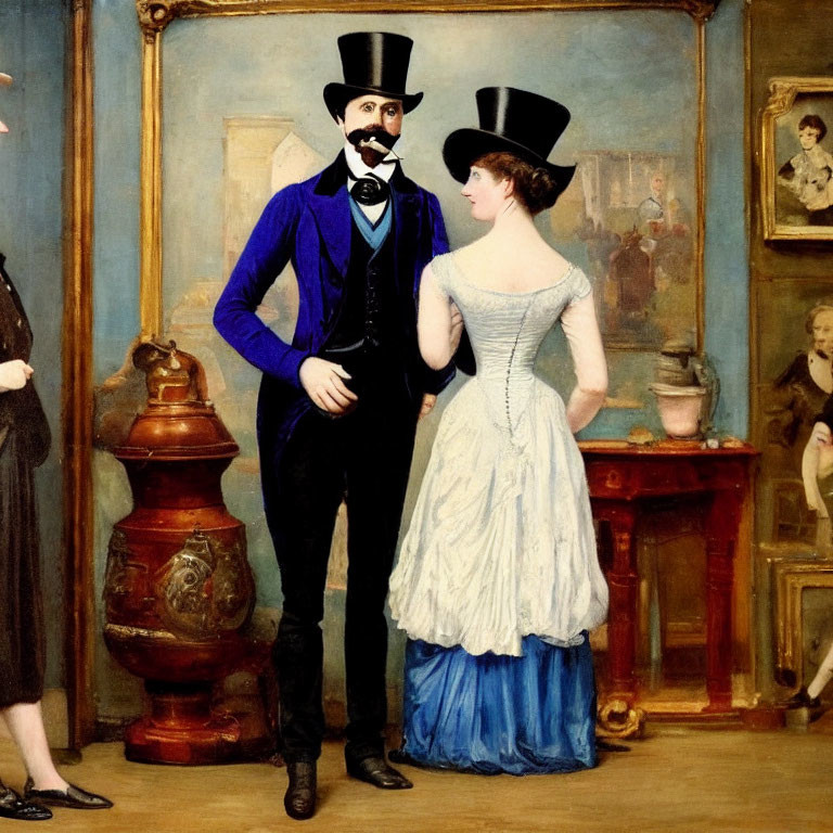 Victorian-era couple in blue and black attire at art gallery