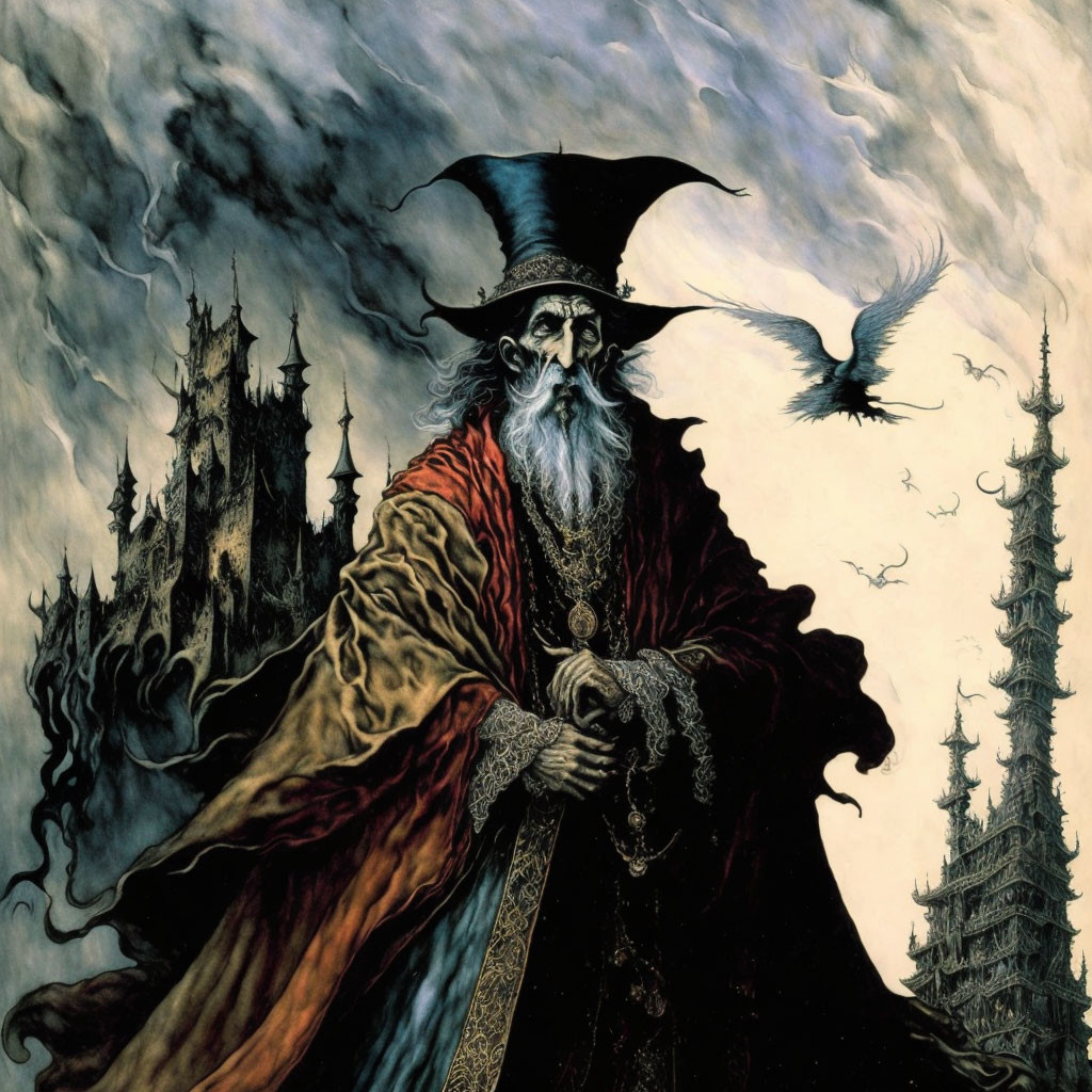 Bearded wizard in red cloak under cloud-swirled sky