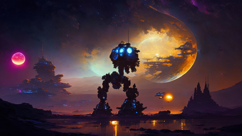 Futuristic landscape with large robot on alien planet under starry sky