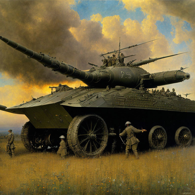 Historical soldiers with tank in field under cloudy sky