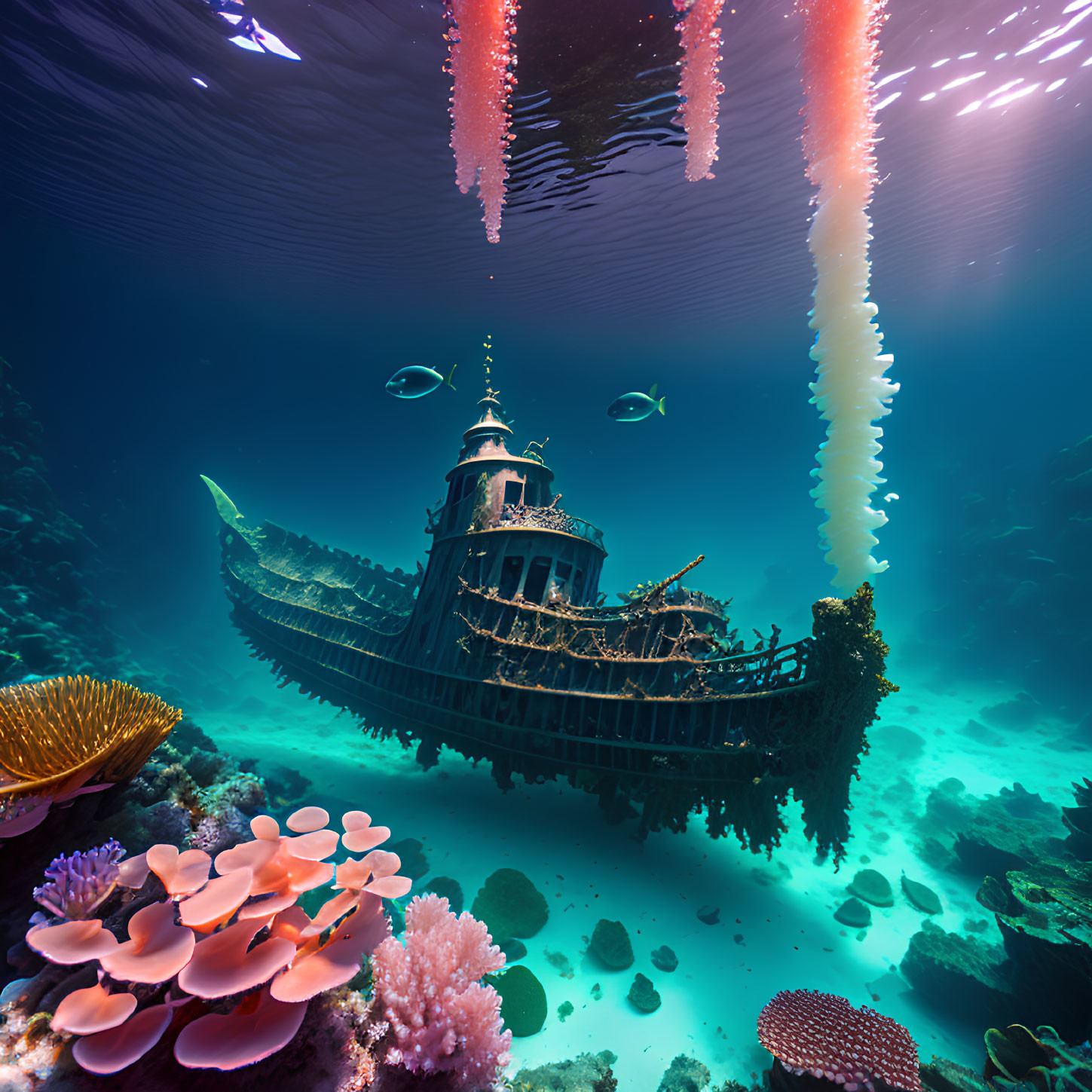 Sunken ship surrounded by coral reefs and mystical jellyfish in underwater scene