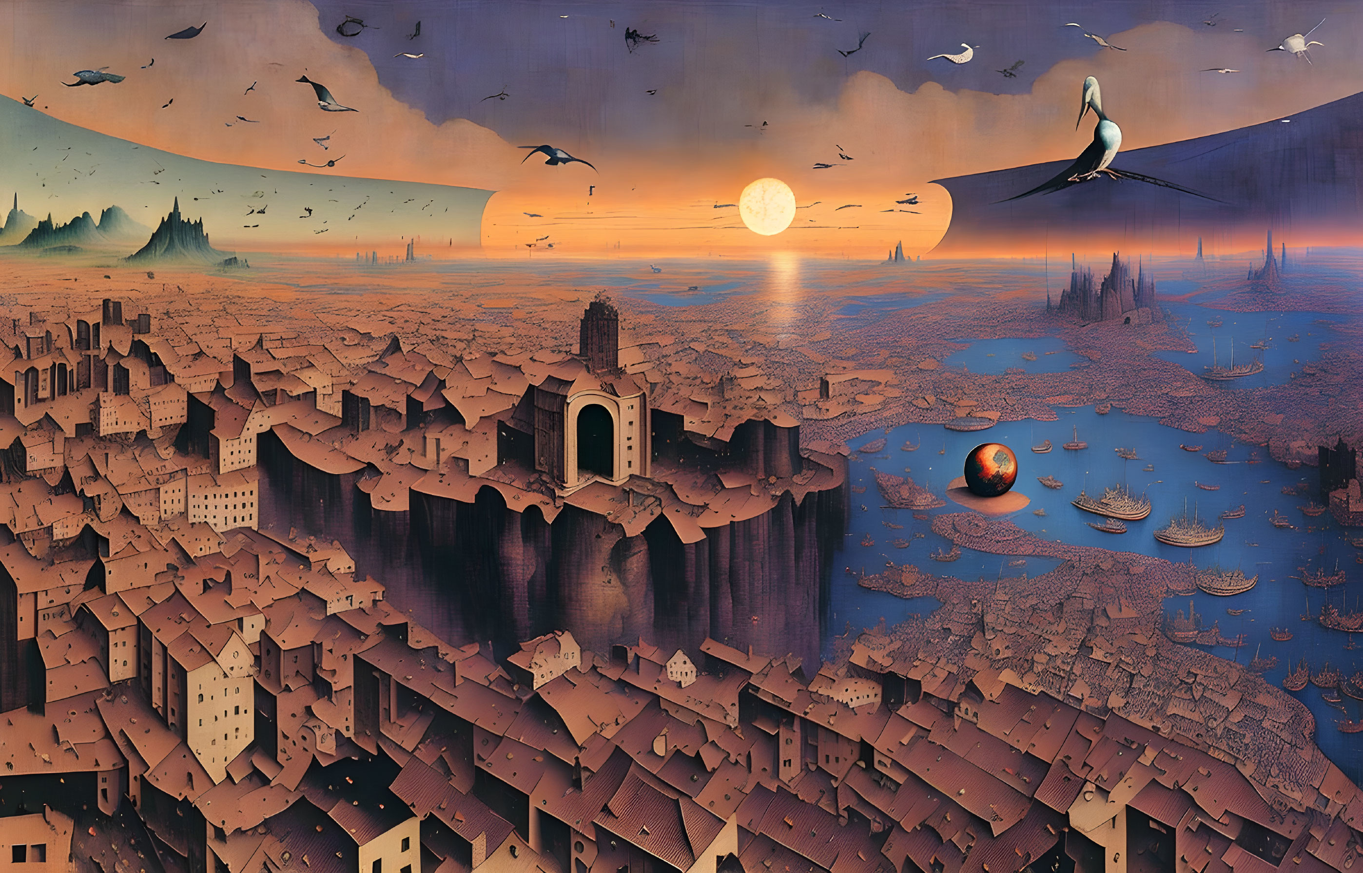 Surrealist cityscape merging with ocean at sunset