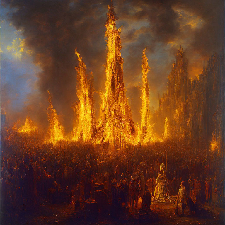 Dramatic painting of burning gothic structure at night