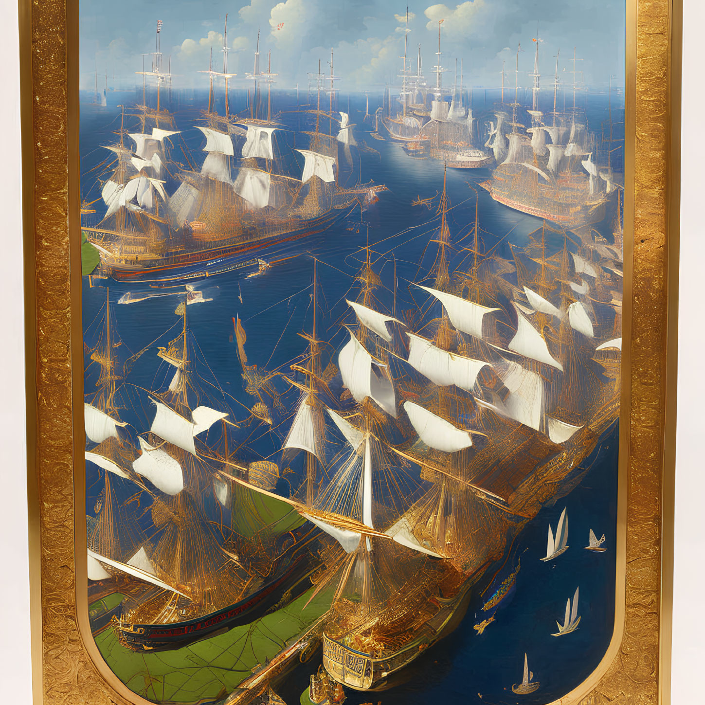 Vertical Historical Harbor Painting with Sailing Ships in Ornate Gold Frame