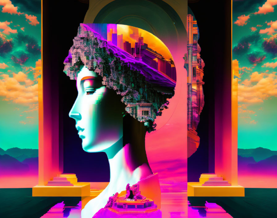 Classical statue head with futuristic cityscape in digital artwork