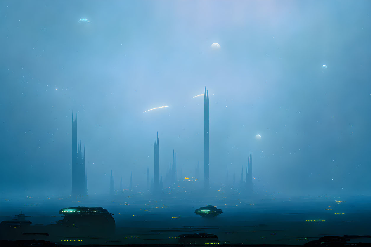 Futuristic night cityscape with tall spires and floating vehicles