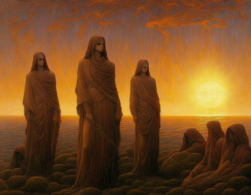 Three robed figures at sunset in mystical landscape