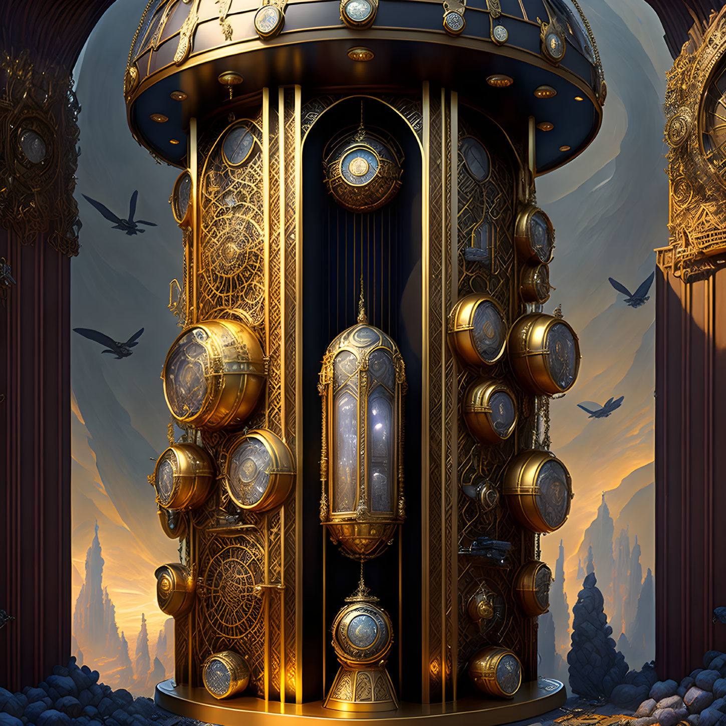 Golden cylindrical structure with clockwork features surrounded by birds in a futuristic cityscape.