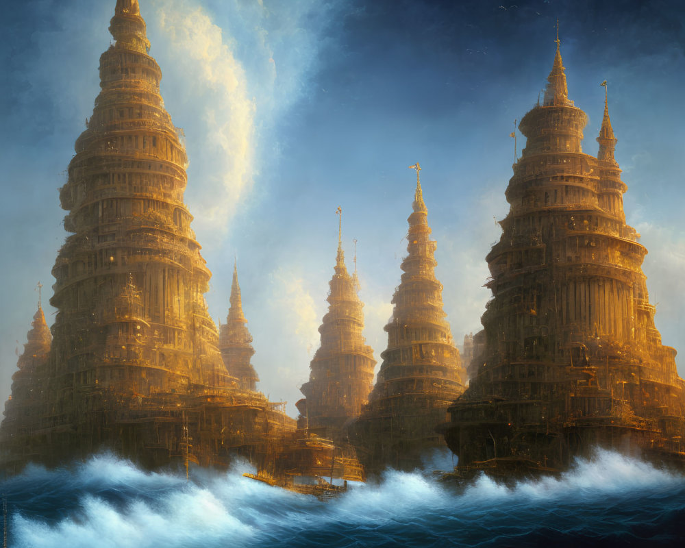 Golden Towers Emerge from Turbulent Ocean Under Dramatic Sky