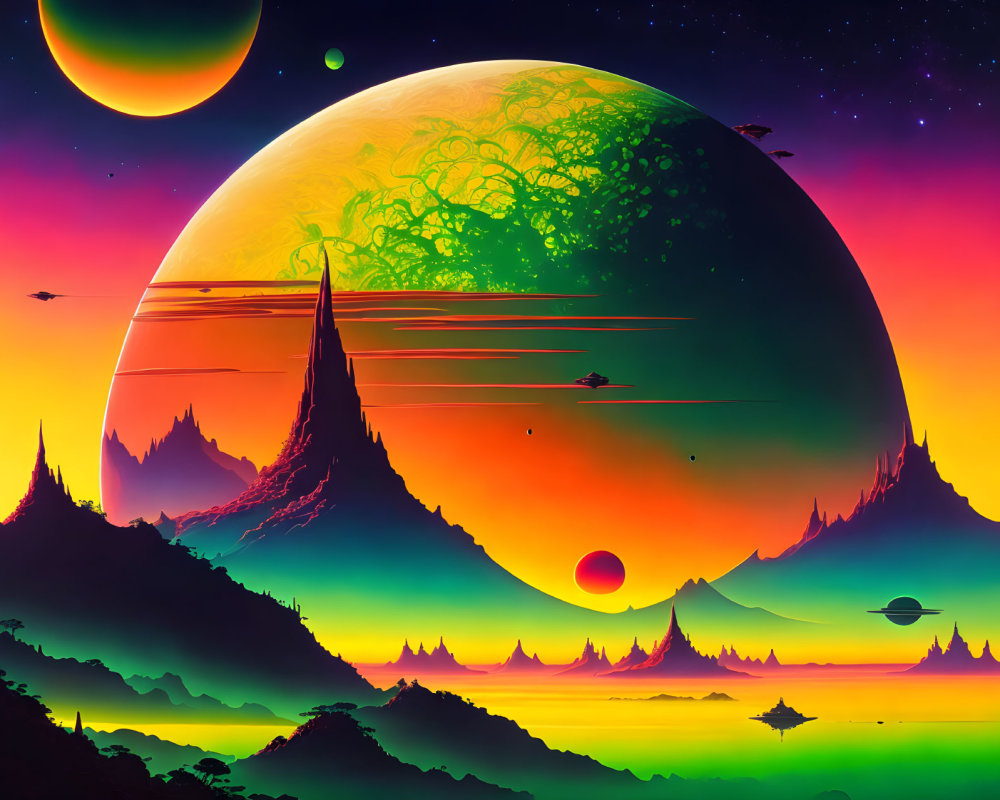 Colorful science fiction landscape with large planets, futuristic mountains, and alien spacecraft.