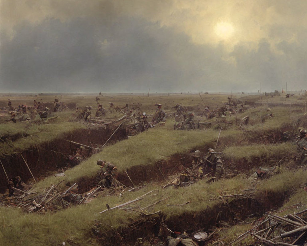 Somber battlefield scene with soldiers in trenches under a cloudy sky