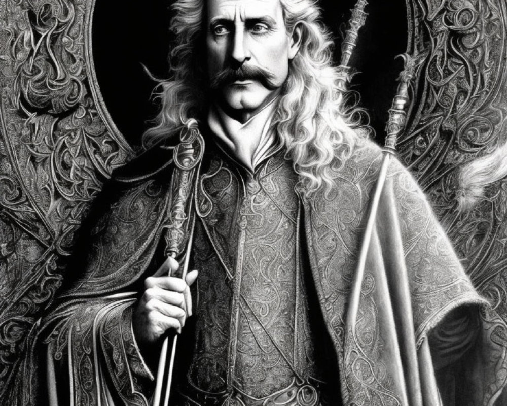 Monochromatic illustration of regal man with staff in high-fantasy setting