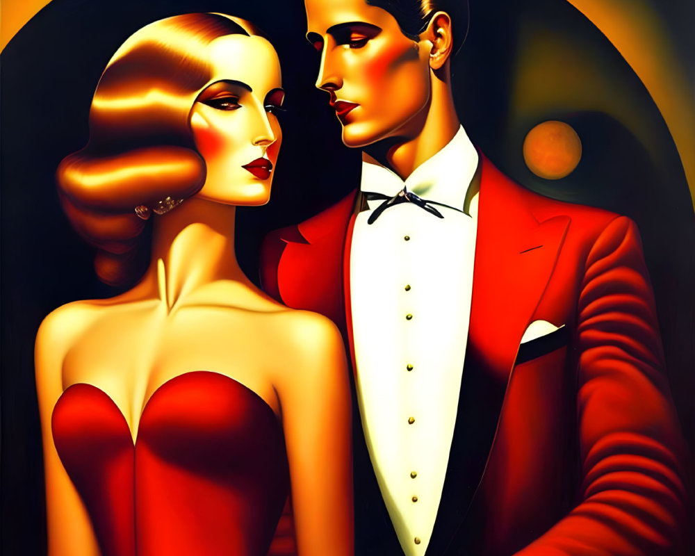 Art Deco Style Illustration of Elegant Couple in Tuxedo and Red Gown