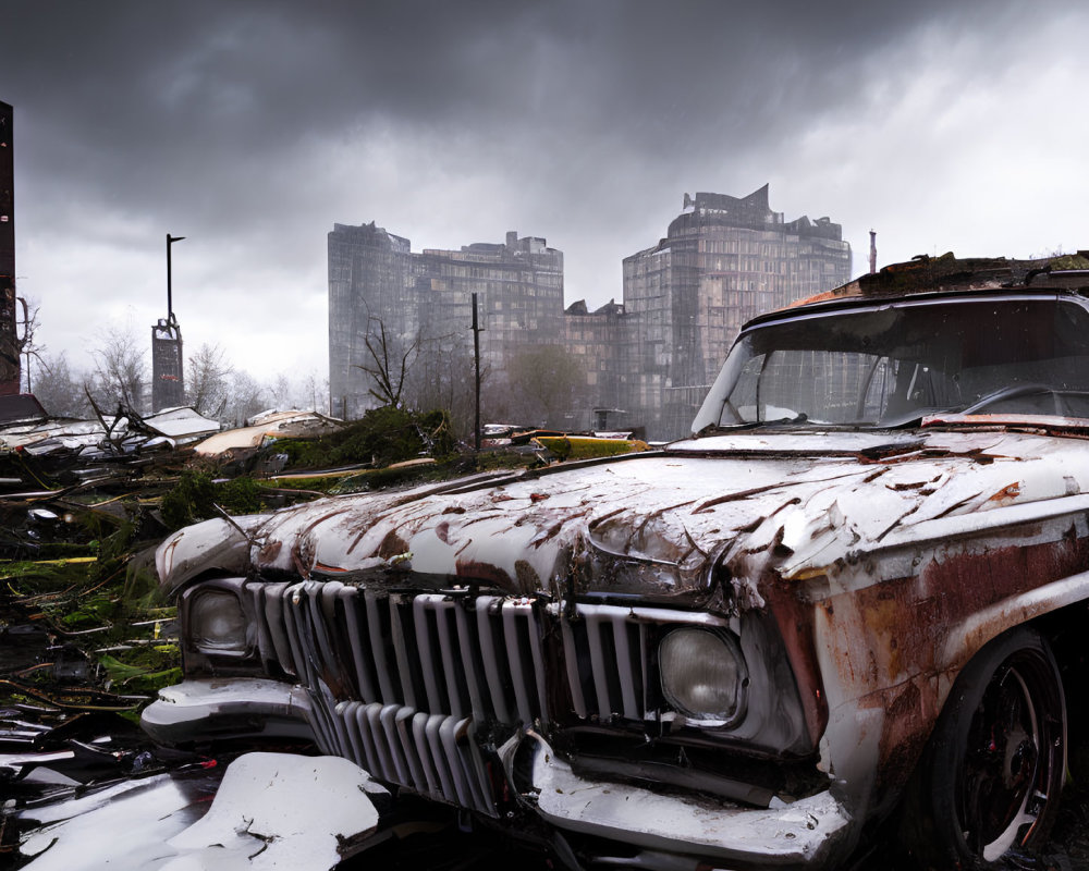 Abandoned rusty car amidst debris under stormy sky