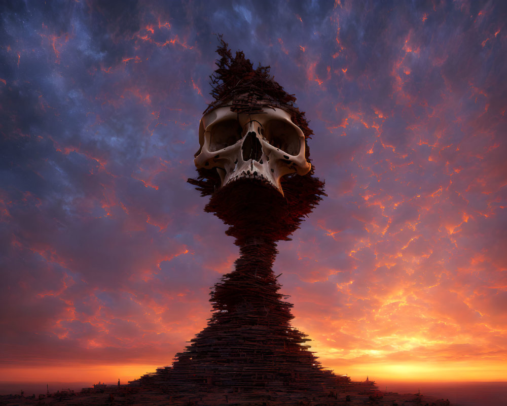 Giant skull on stone pillar with fiery sky at dusk or dawn