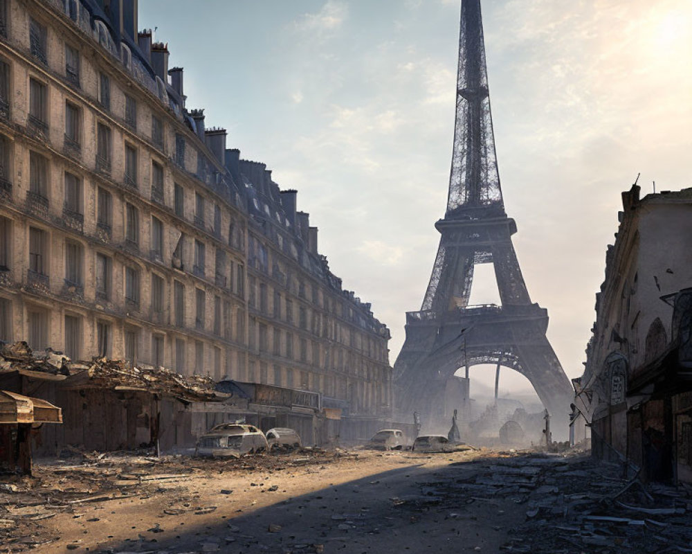 Deserted Paris Street with Debris and Abandoned Cars