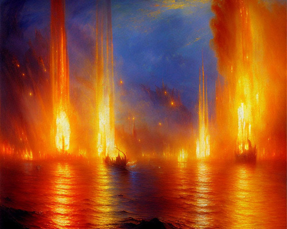 Dramatic Nocturnal Seascape with Vibrant Flames