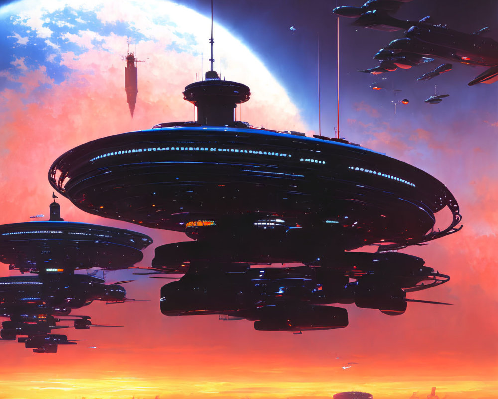 Futuristic cityscape with towering structures and spaceships under an orange sky