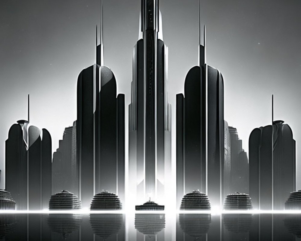 Monochrome futuristic cityscape with skyscrapers and spherical structures