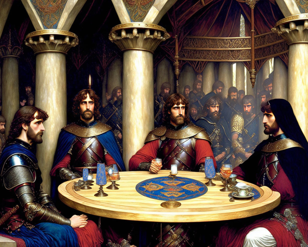 Armored medieval men at round table in grand hall with onlookers