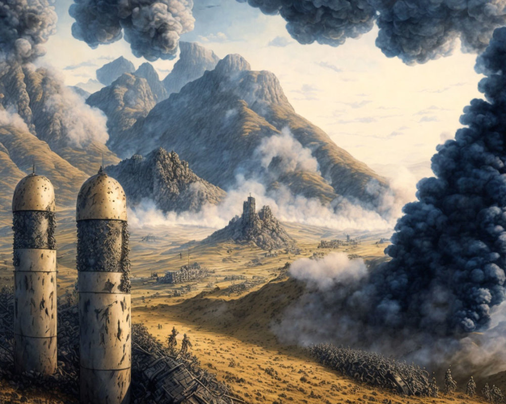 Two large missiles in fiery battlefield with smoke-filled skies and mountains