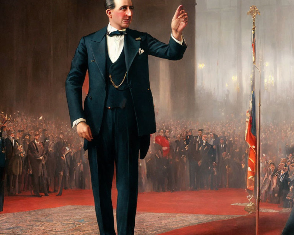 Formally Dressed Man Gesturing in Grand Hall Painting