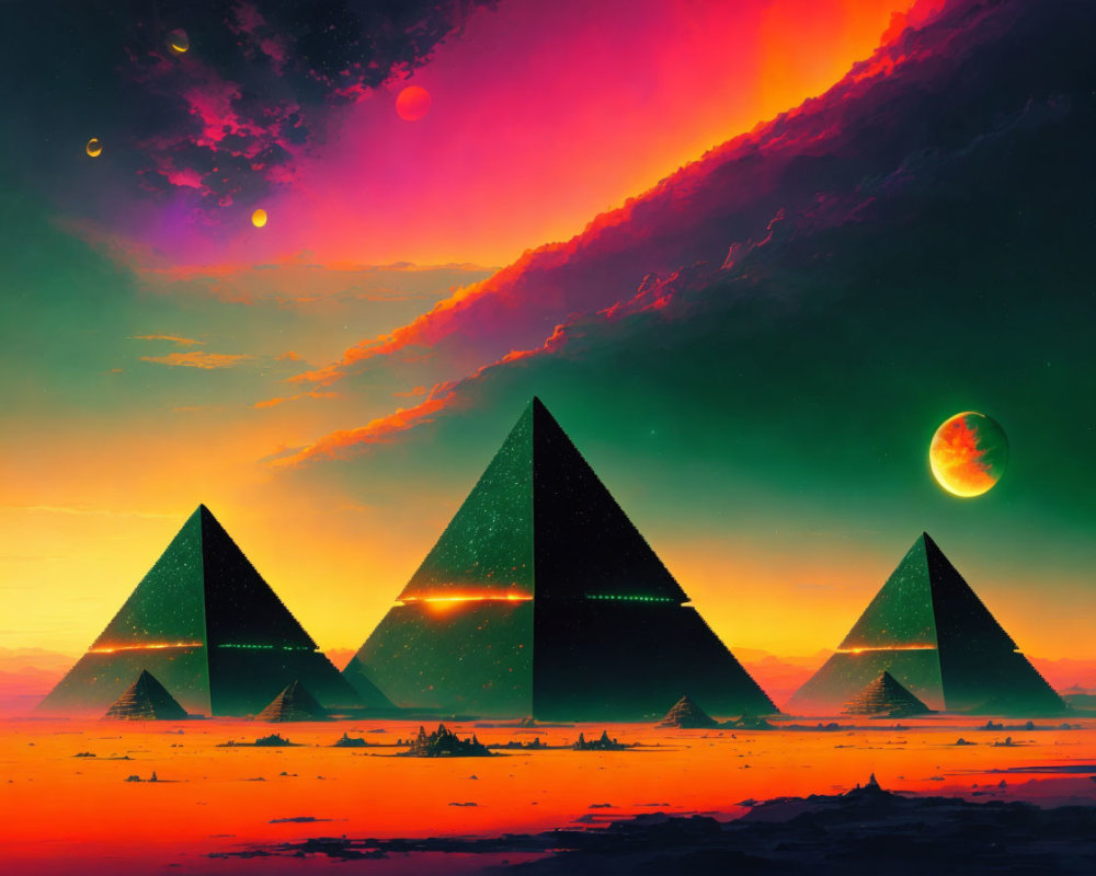 Futuristic pyramids in alien landscape under vivid sunset with multiple moons