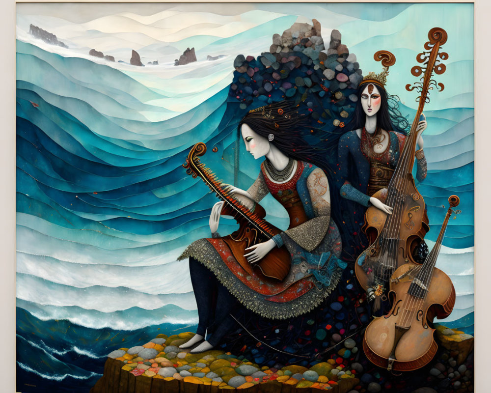 Stylized female figures playing instruments against blue wave backdrop