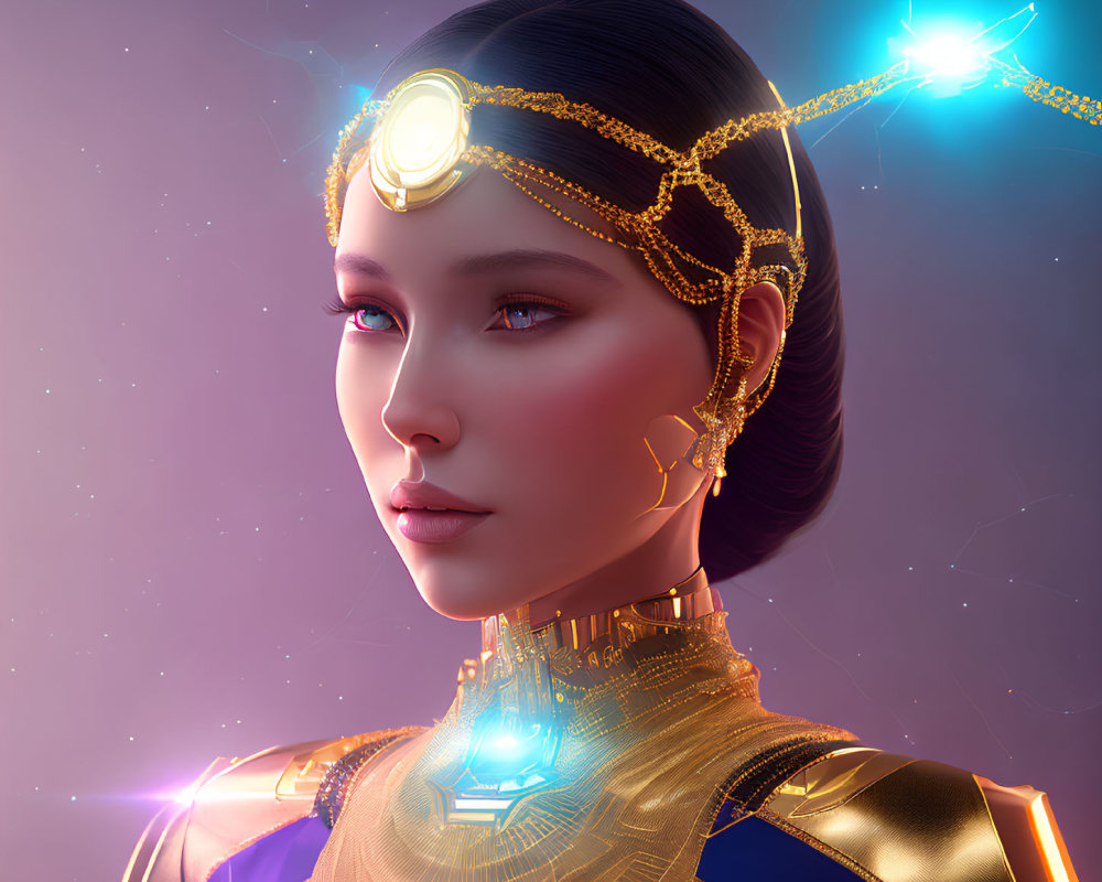 Futuristic digital artwork of a woman in golden armor on purple background